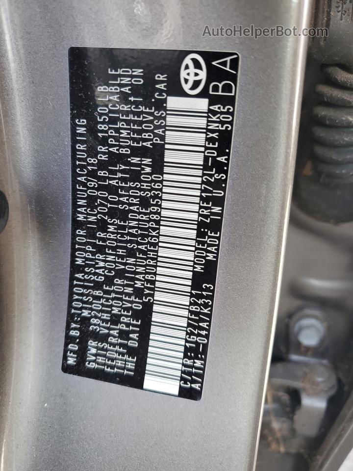 2019 Toyota Corolla L Серый vin: 5YFBURHE6KP895360