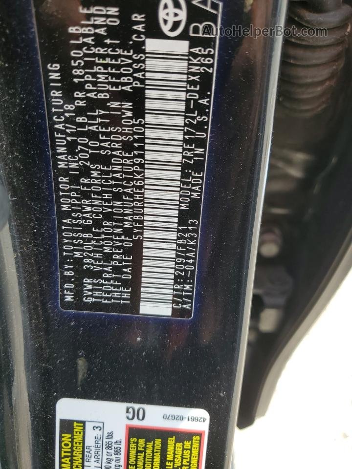 2019 Toyota Corolla L Черный vin: 5YFBURHE6KP911105