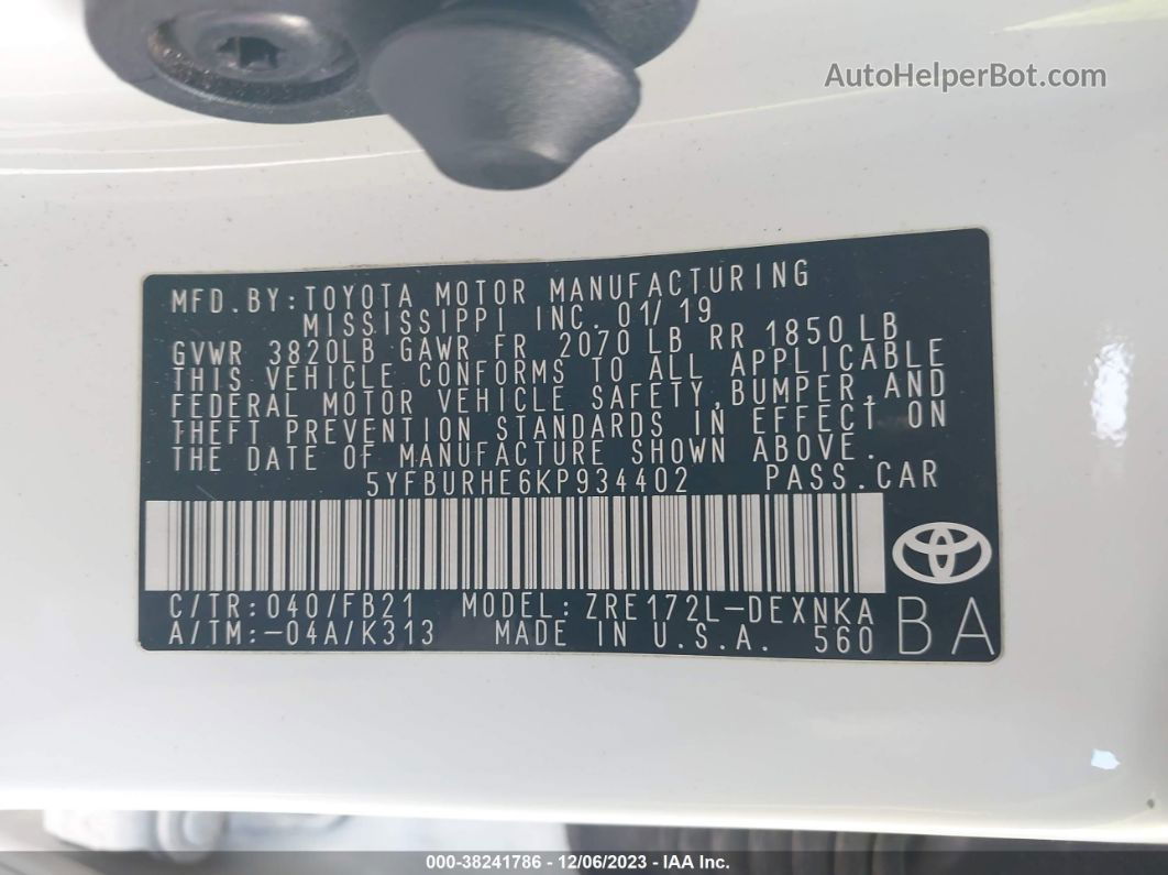 2019 Toyota Corolla Le White vin: 5YFBURHE6KP934402