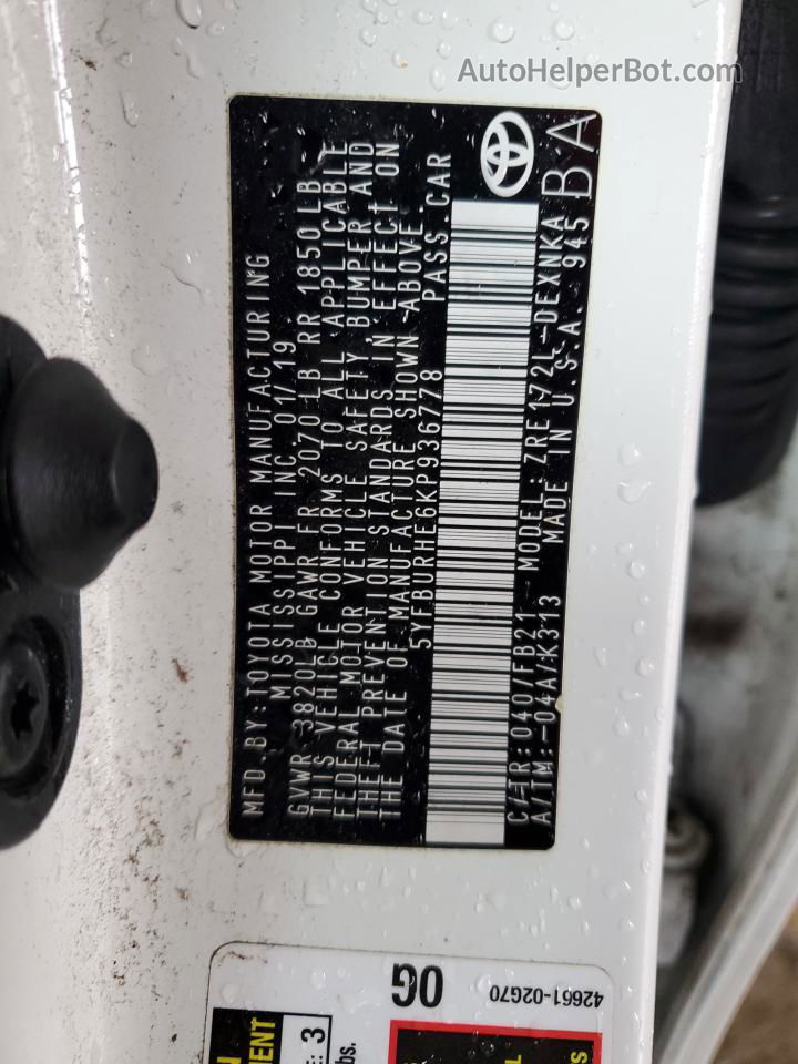 2019 Toyota Corolla L White vin: 5YFBURHE6KP936778