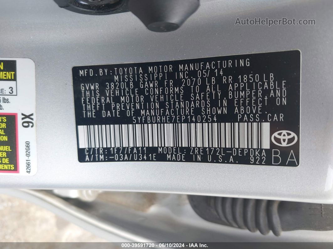 2014 Toyota Corolla L Серебряный vin: 5YFBURHE7EP140254