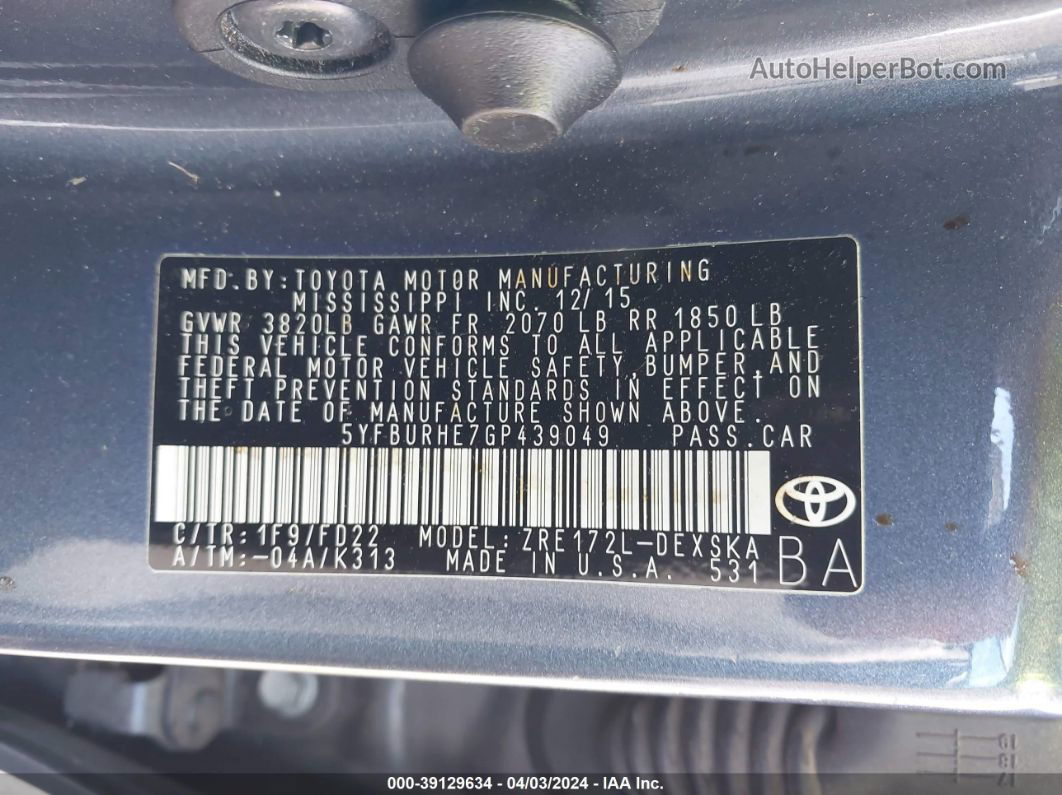 2016 Toyota Corolla S Синий vin: 5YFBURHE7GP439049