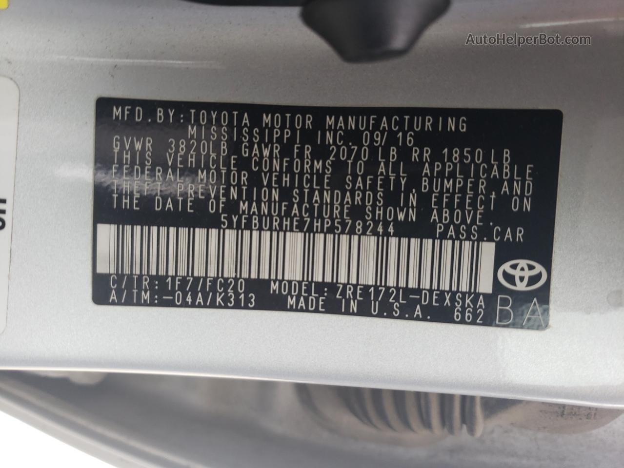 2017 Toyota Corolla L Silver vin: 5YFBURHE7HP578244