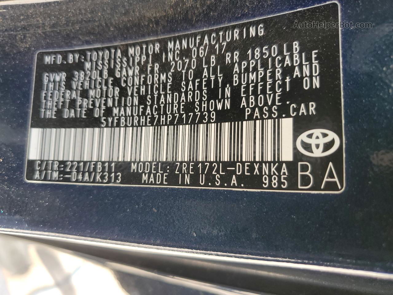 2017 Toyota Corolla L Blue vin: 5YFBURHE7HP717739