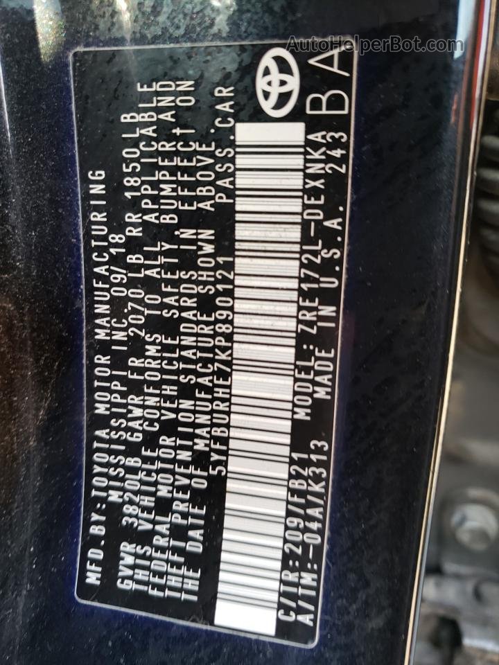 2019 Toyota Corolla L Black vin: 5YFBURHE7KP890121