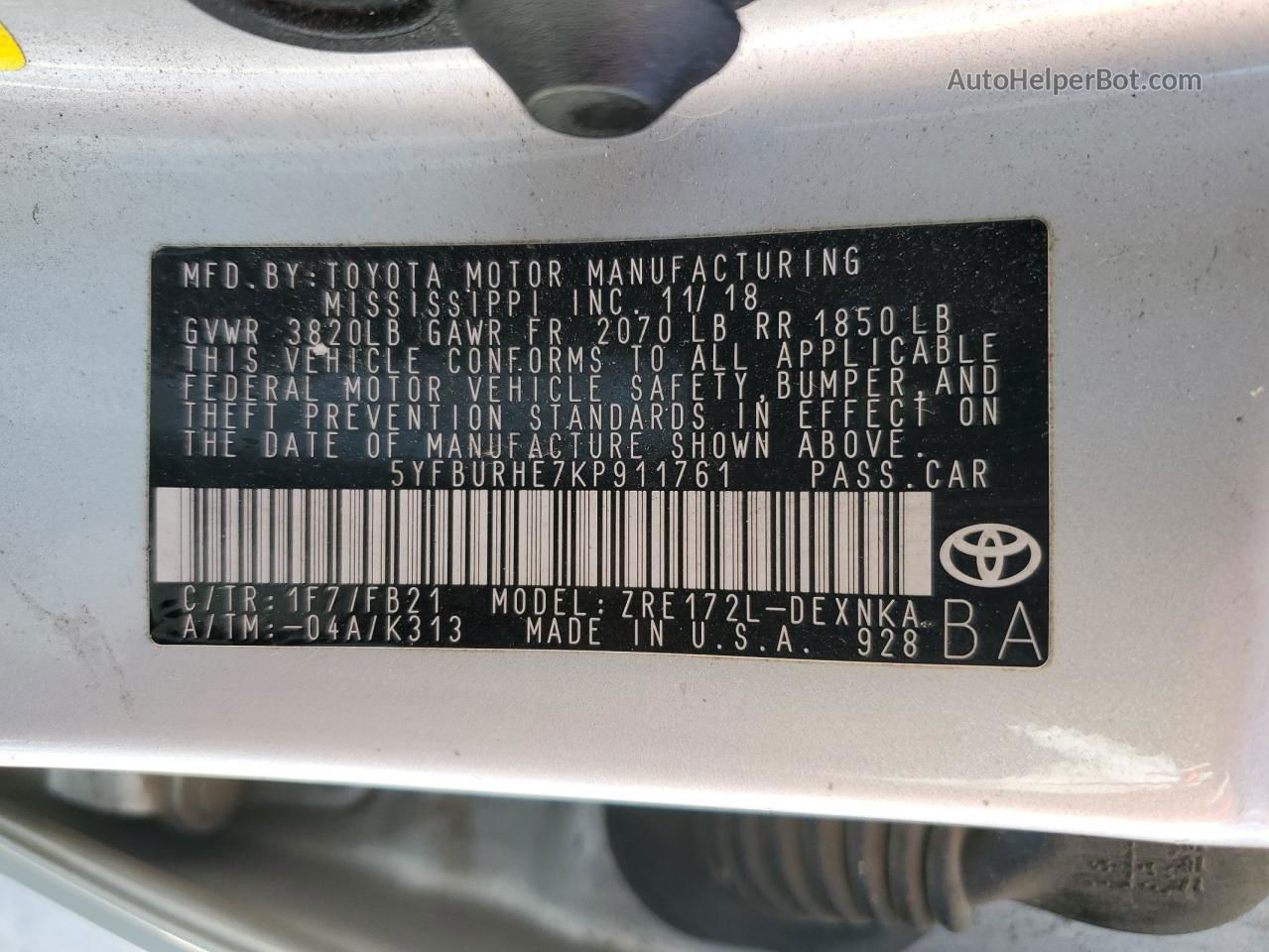 2019 Toyota Corolla L Silver vin: 5YFBURHE7KP911761