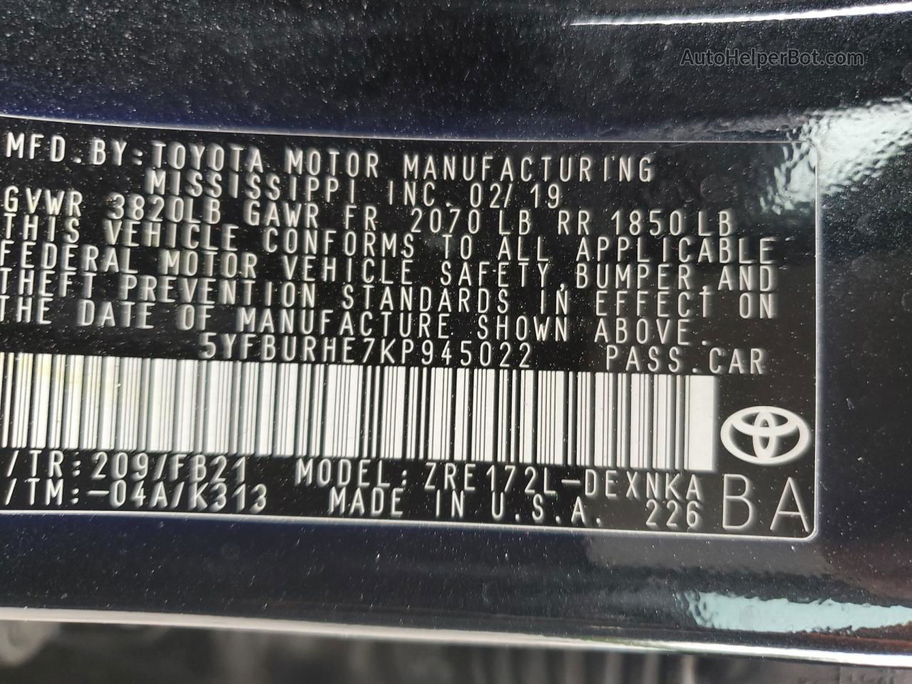 2019 Toyota Corolla L Black vin: 5YFBURHE7KP945022