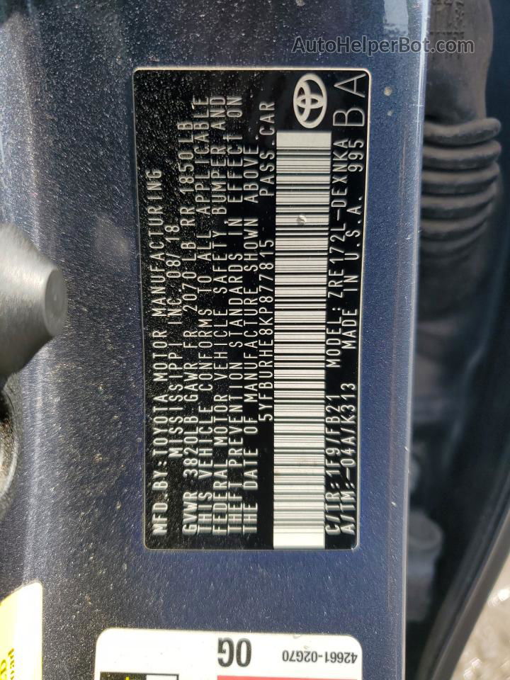 2019 Toyota Corolla L Черный vin: 5YFBURHE8KP877815