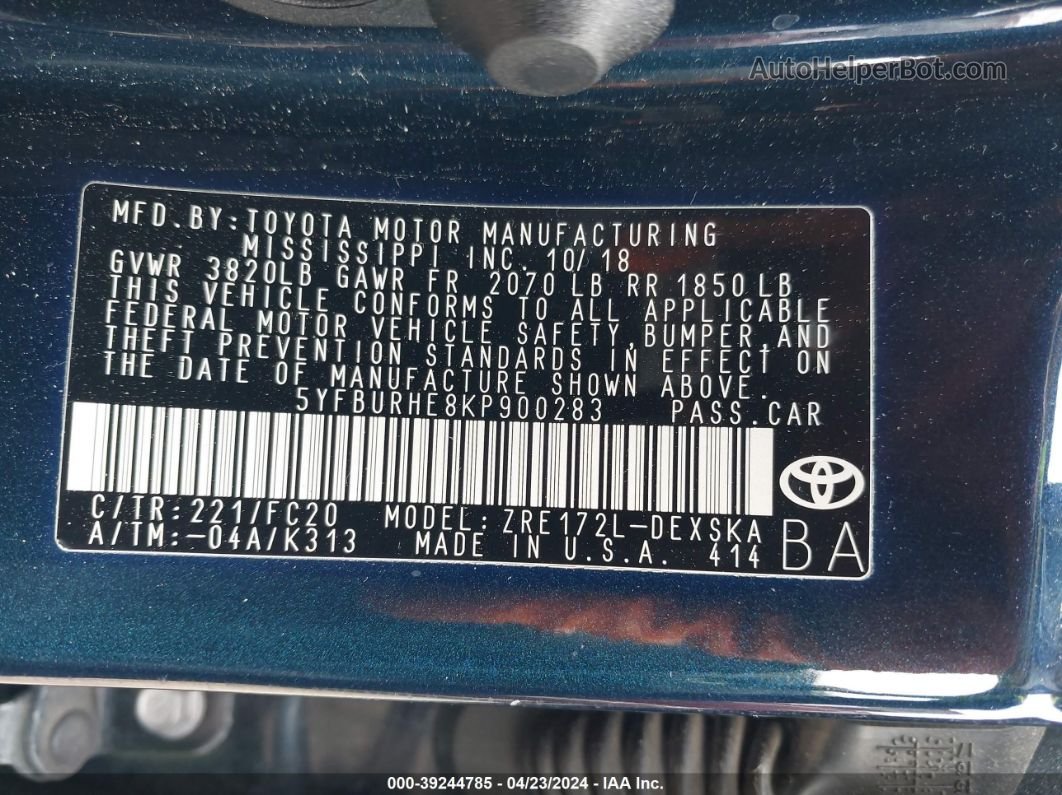 2019 Toyota Corolla Se Blue vin: 5YFBURHE8KP900283