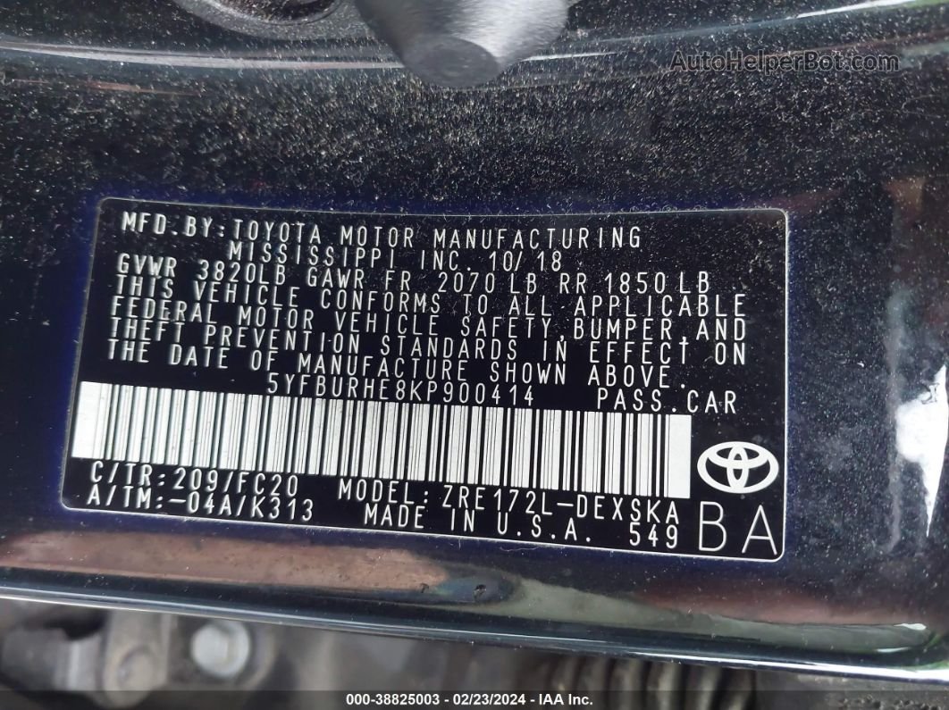 2019 Toyota Corolla Se Черный vin: 5YFBURHE8KP900414