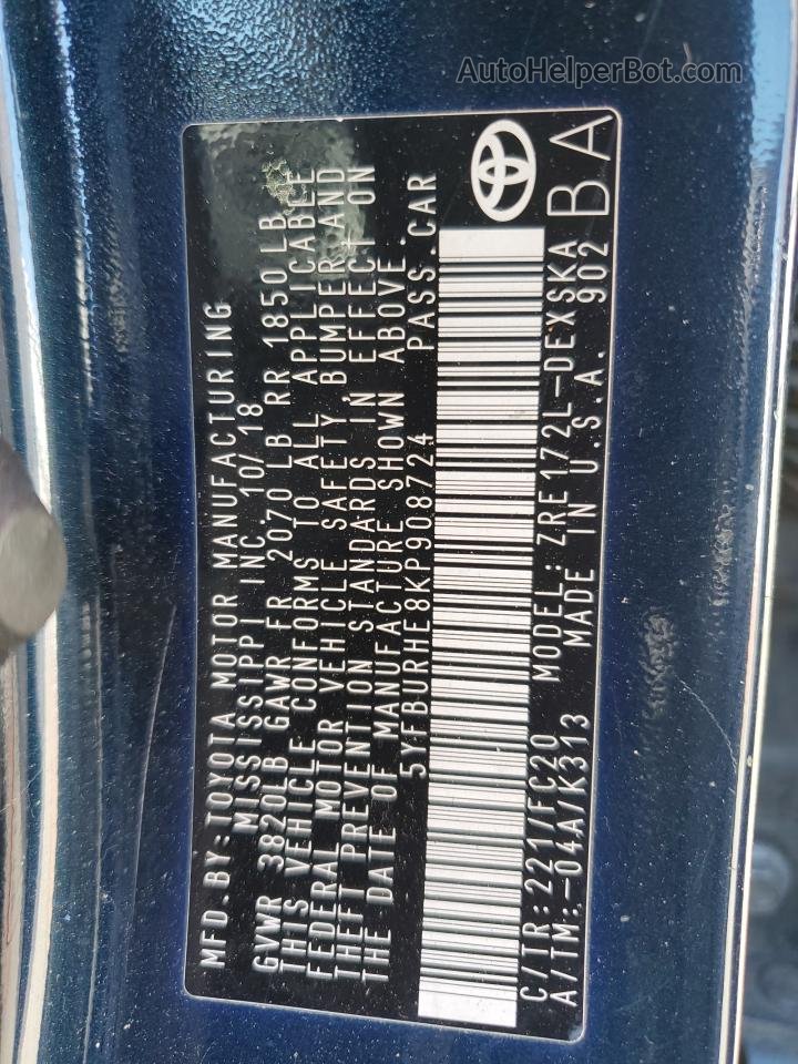 2019 Toyota Corolla L Синий vin: 5YFBURHE8KP908724