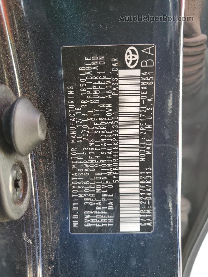 2019 Toyota Corolla L Синий vin: 5YFBURHE8KP923501