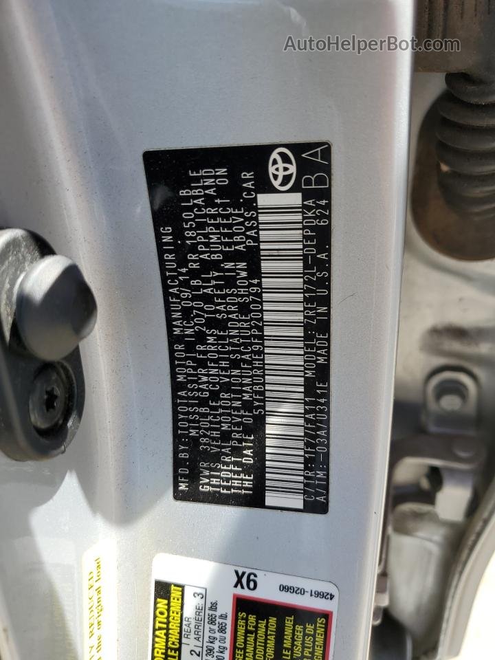 2015 Toyota Corolla L Silver vin: 5YFBURHE9FP200794