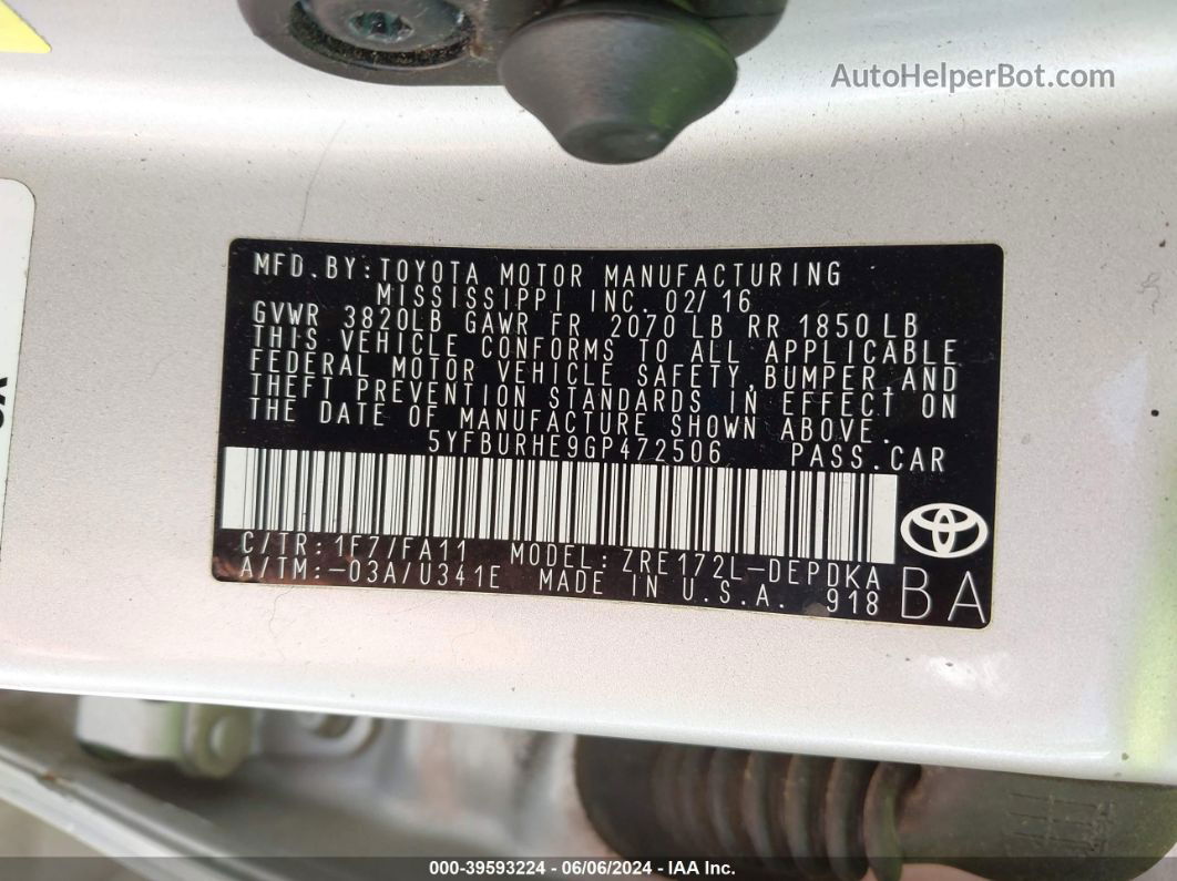 2016 Toyota Corolla L Silver vin: 5YFBURHE9GP472506