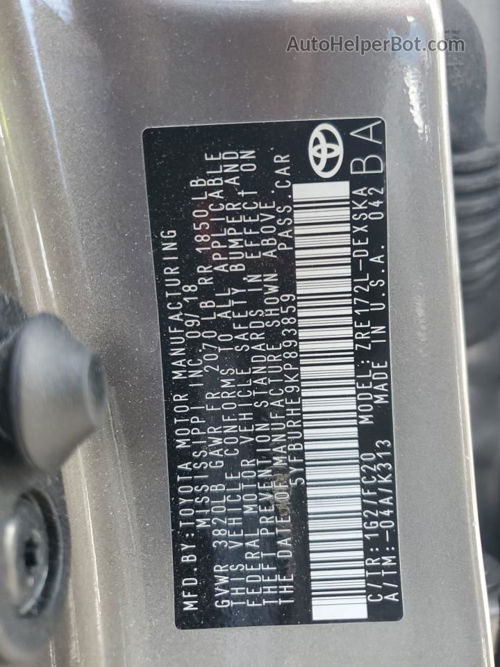 2019 Toyota Corolla L Gray vin: 5YFBURHE9KP893859