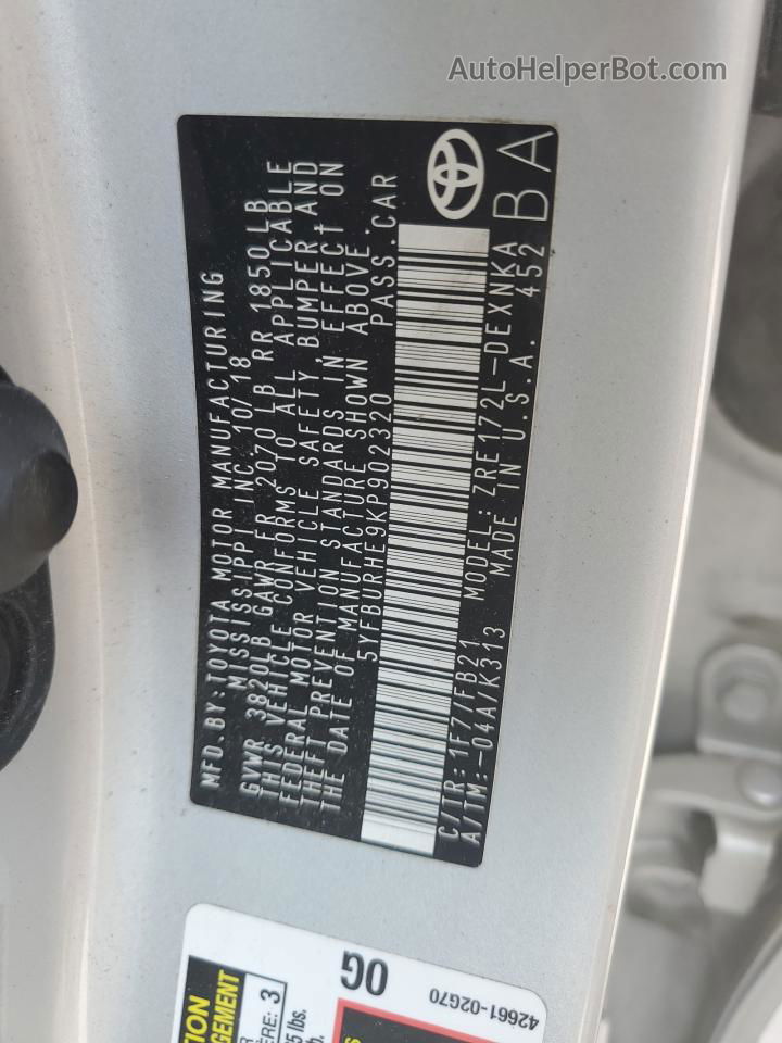 2019 Toyota Corolla L Silver vin: 5YFBURHE9KP902320