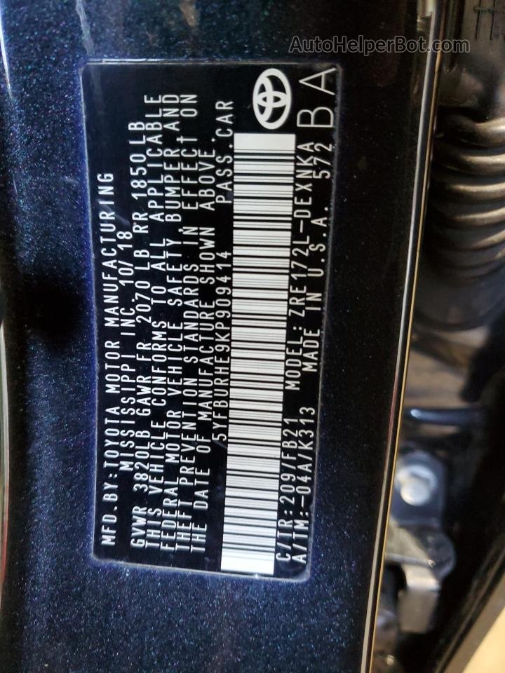 2019 Toyota Corolla L Черный vin: 5YFBURHE9KP909414