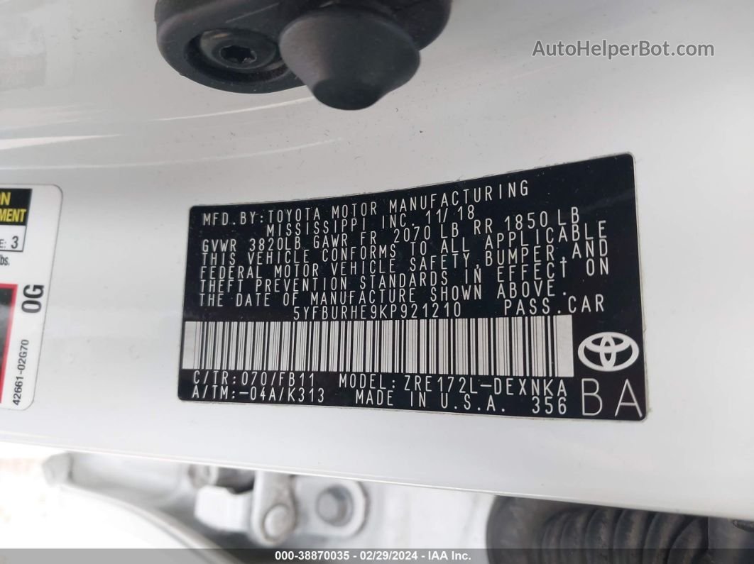 2019 Toyota Corolla Le White vin: 5YFBURHE9KP921210