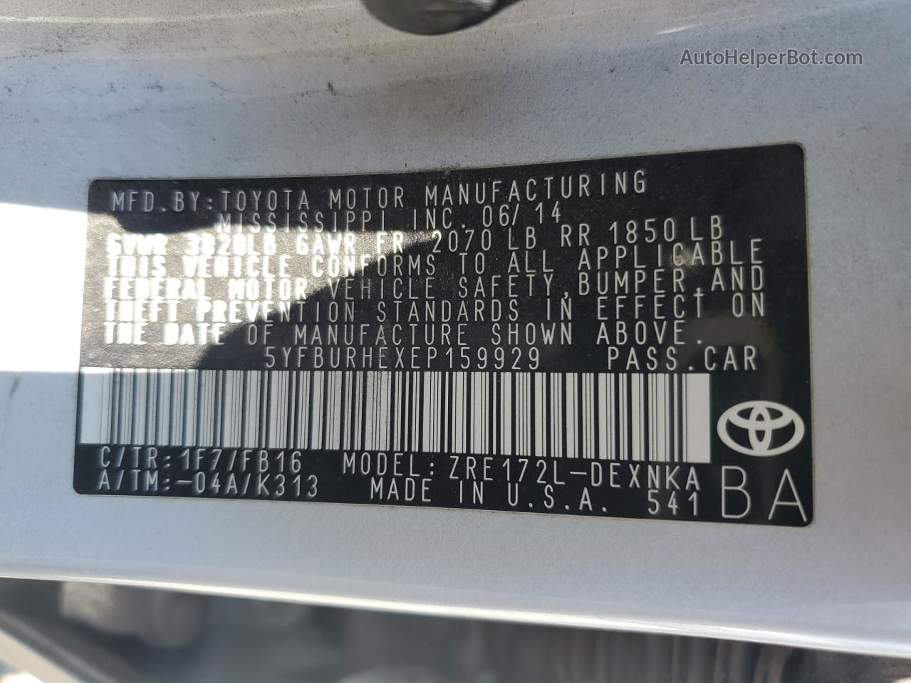 2014 Toyota Corolla L Серебряный vin: 5YFBURHEXEP159929