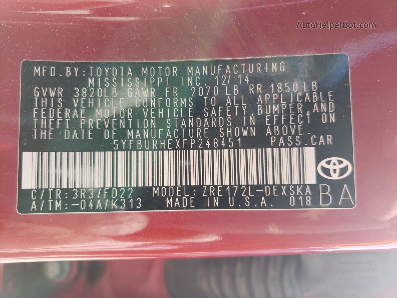 2015 Toyota Corolla L Red vin: 5YFBURHEXFP248451