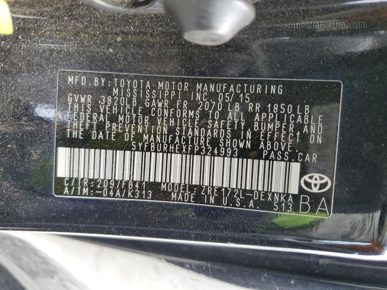 2015 Toyota Corolla L Черный vin: 5YFBURHEXFP324993