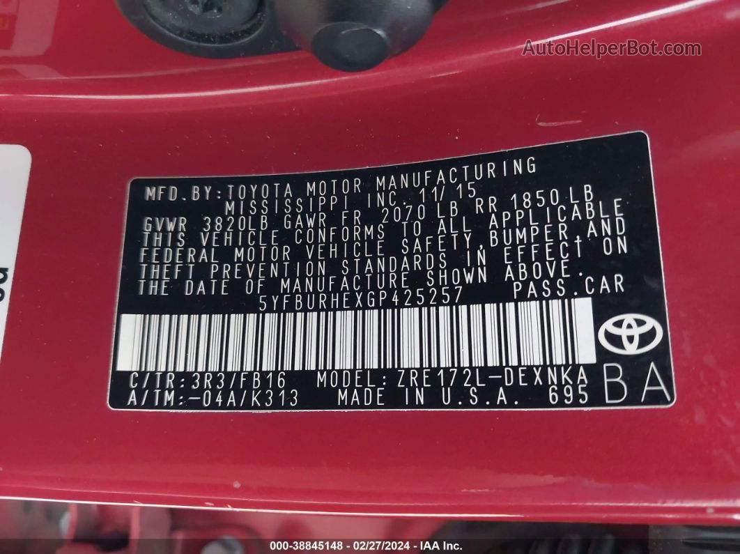 2016 Toyota Corolla Le Red vin: 5YFBURHEXGP425257