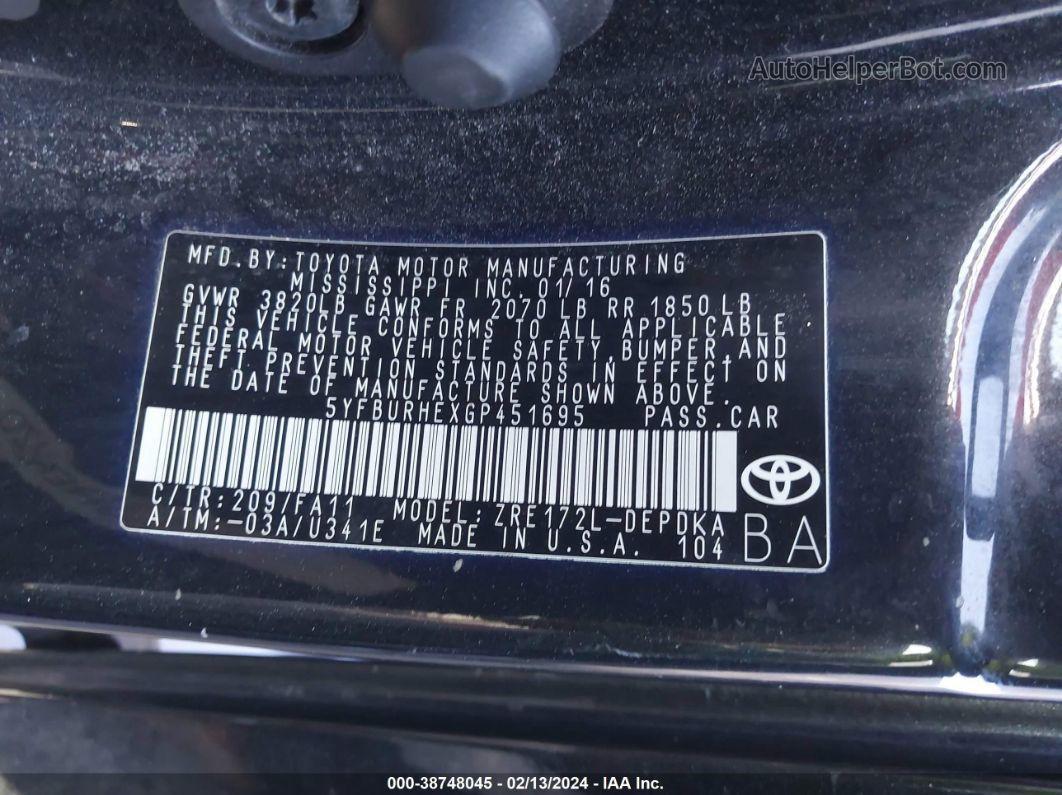 2016 Toyota Corolla L Черный vin: 5YFBURHEXGP451695