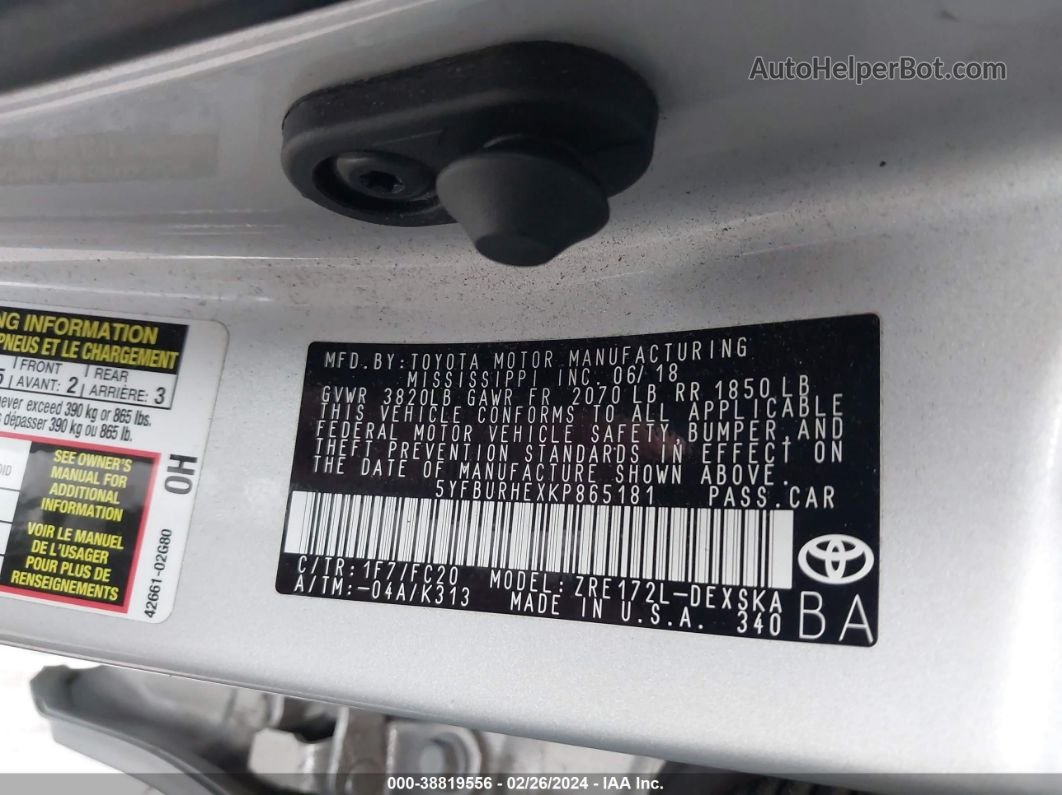 2019 Toyota Corolla Se Silver vin: 5YFBURHEXKP865181