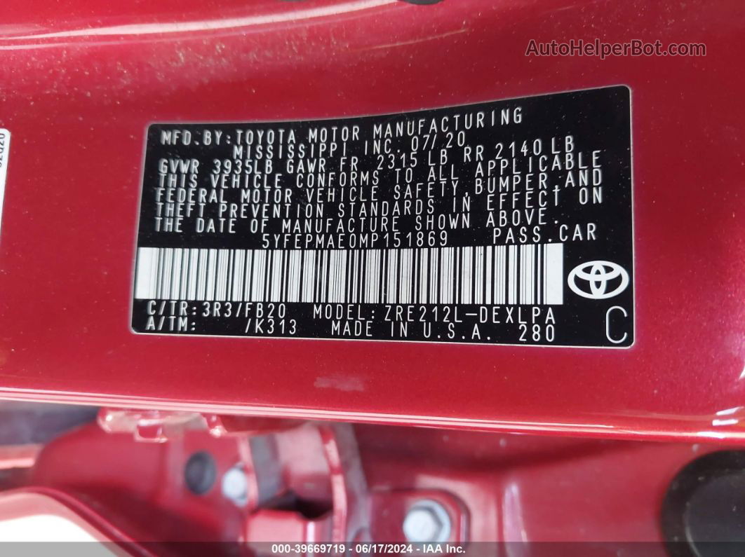 2021 Toyota Corolla Le Red vin: 5YFEPMAE0MP151869
