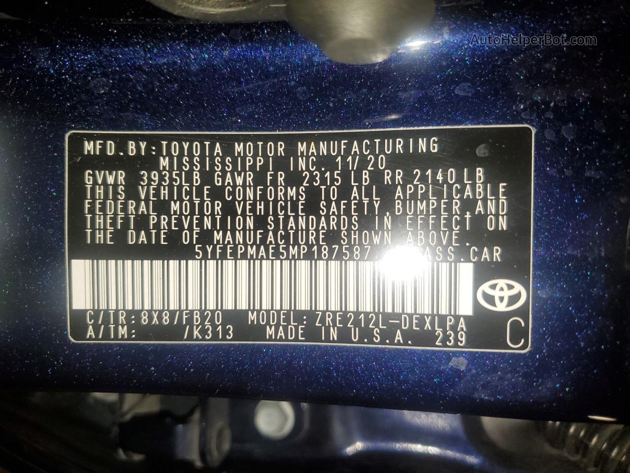 2021 Toyota Corolla Le Blue vin: 5YFEPMAE5MP187587