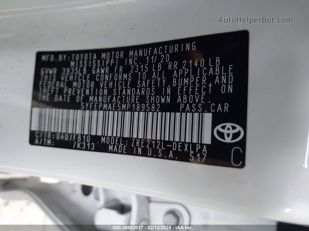 2021 Toyota Corolla Le White vin: 5YFEPMAE5MP189582