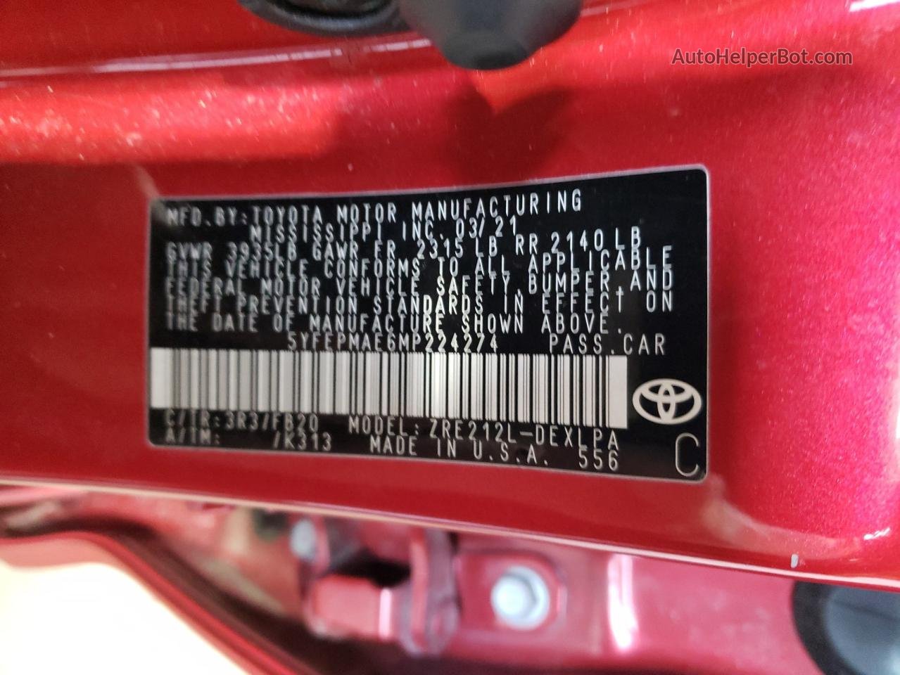 2021 Toyota Corolla Le Красный vin: 5YFEPMAE6MP224274