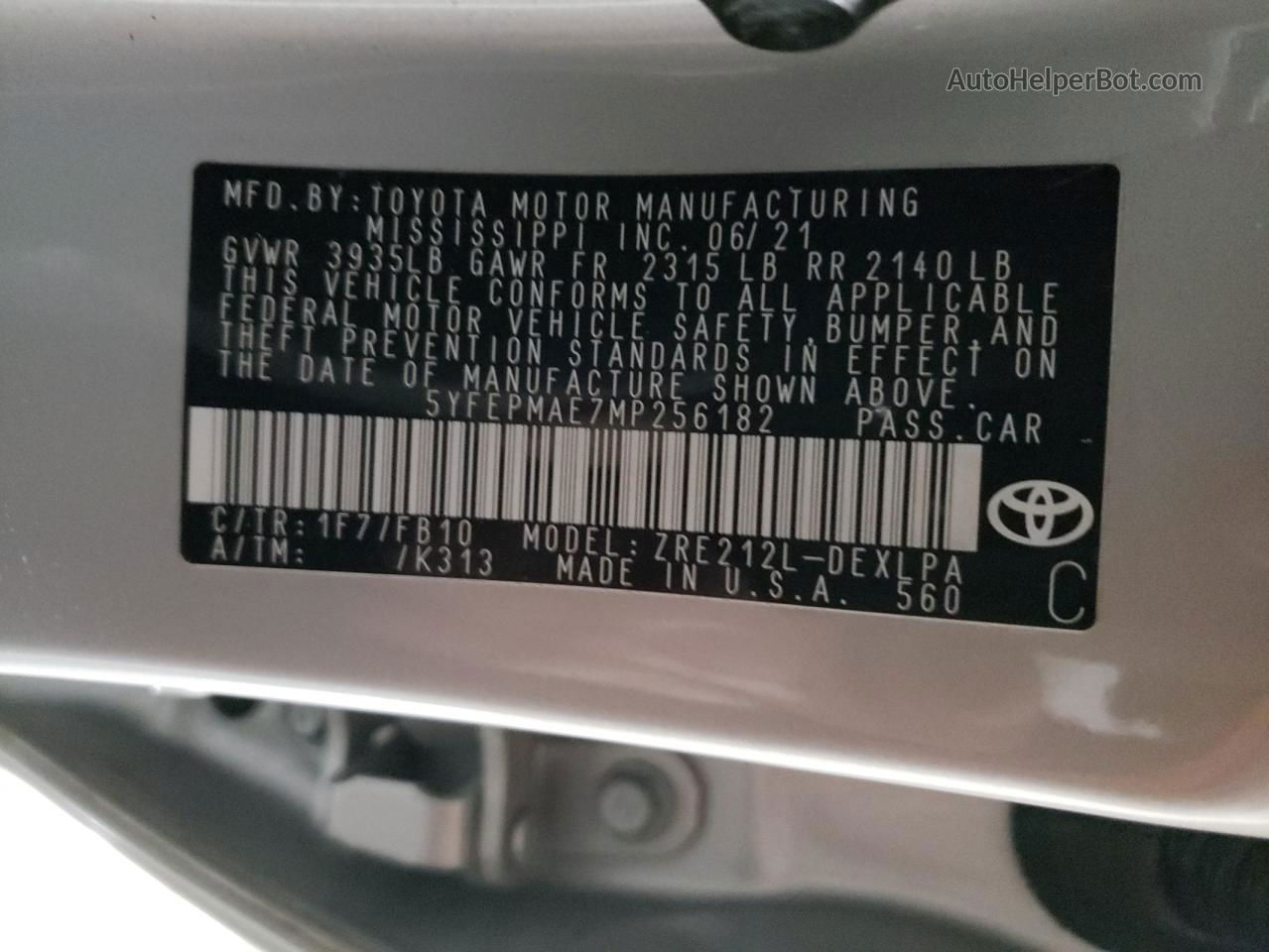 2021 Toyota Corolla Le Silver vin: 5YFEPMAE7MP256182