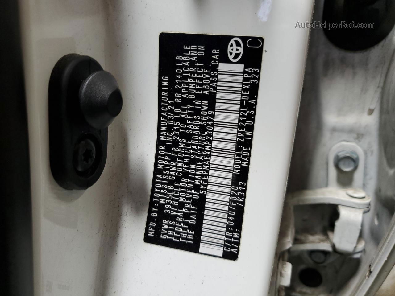 2021 Toyota Corolla Le Белый vin: 5YFEPMAEXMP230479