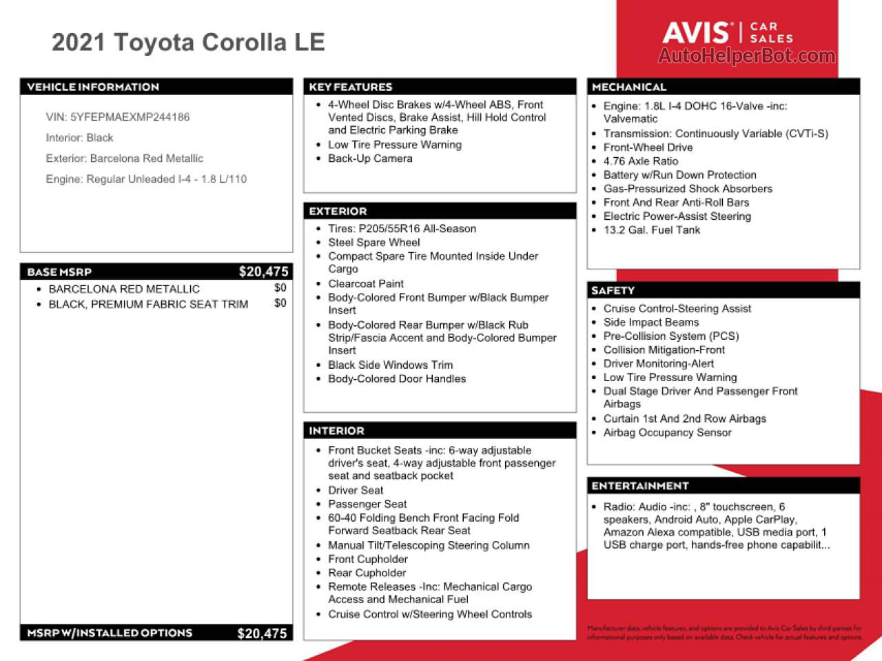 2021 Toyota Corolla Le Red vin: 5YFEPMAEXMP244186