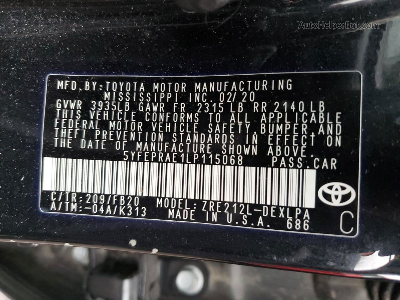 2020 Toyota Corolla Le Черный vin: 5YFEPRAE1LP115068