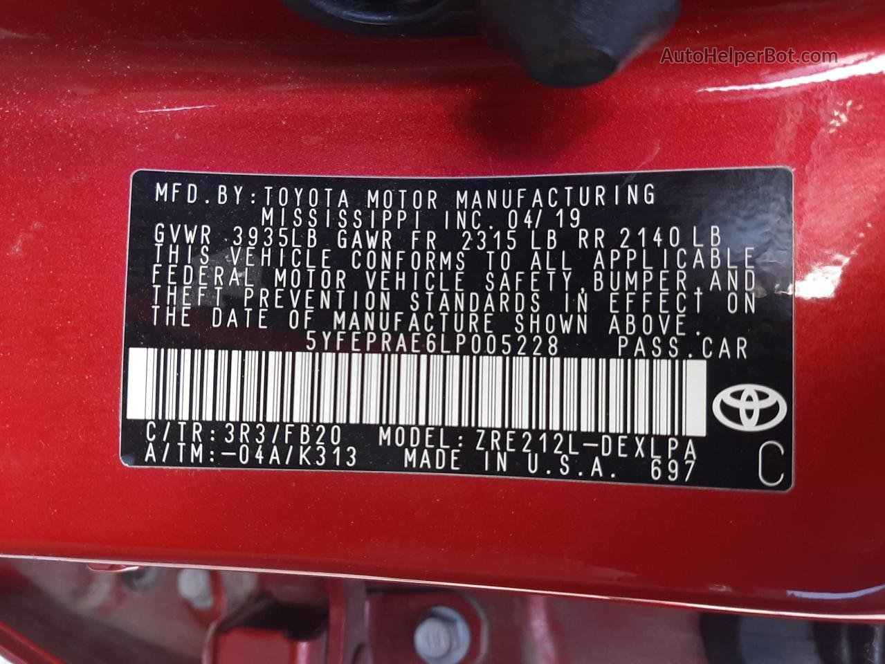 2020 Toyota Corolla Le Red vin: 5YFEPRAE6LP005228