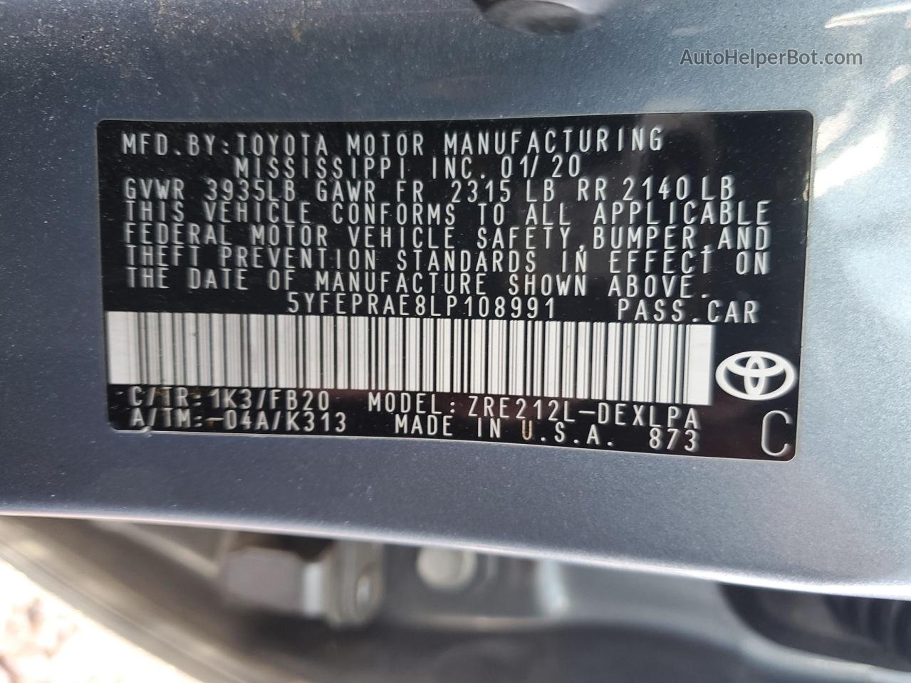 2020 Toyota Corolla Le Gray vin: 5YFEPRAE8LP108991