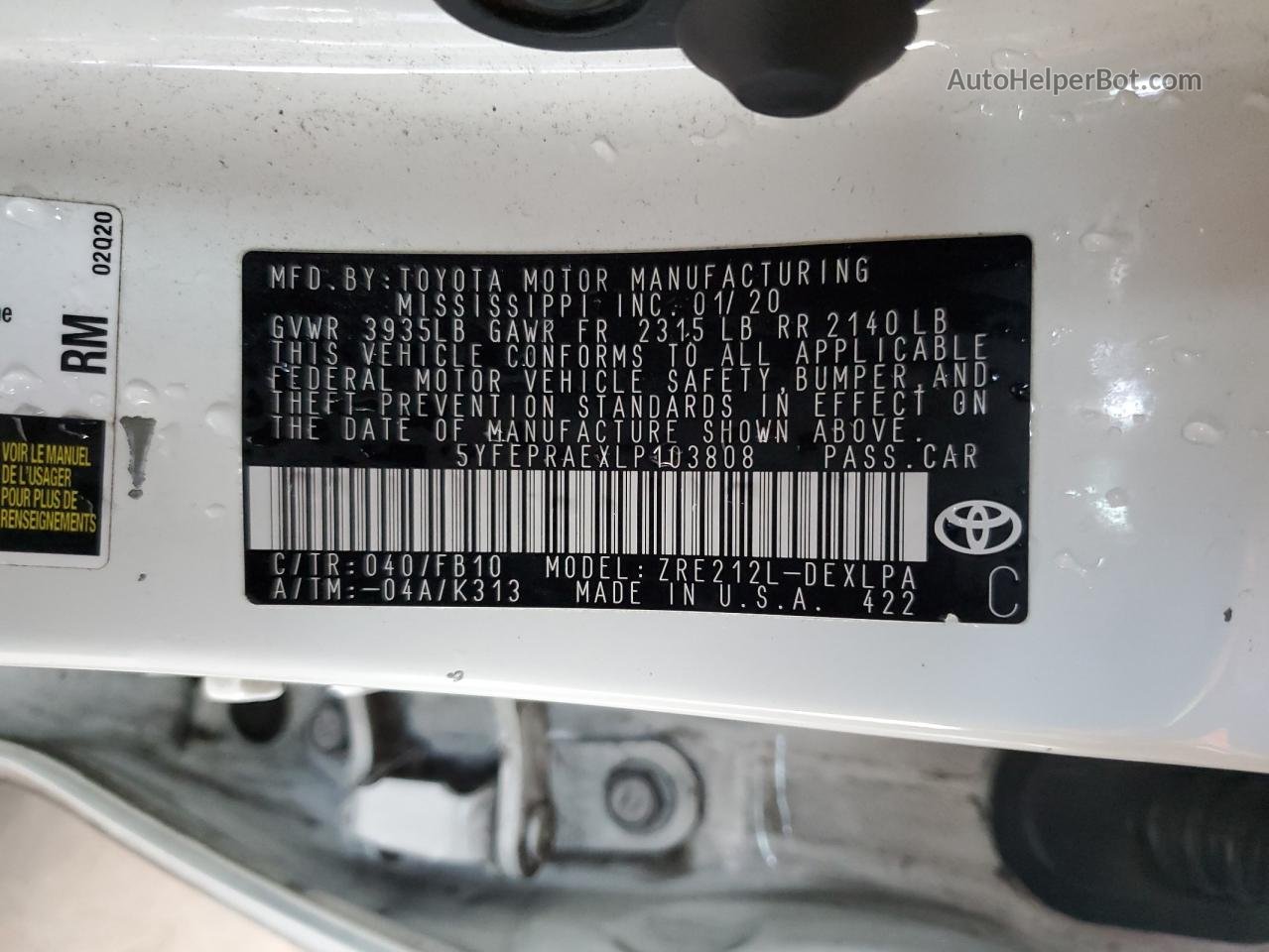 2020 Toyota Corolla Le White vin: 5YFEPRAEXLP103808