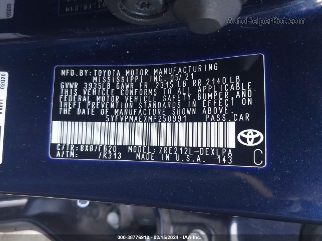 2021 Toyota Corolla Le Синий vin: 5YFVPMAEXMP250991