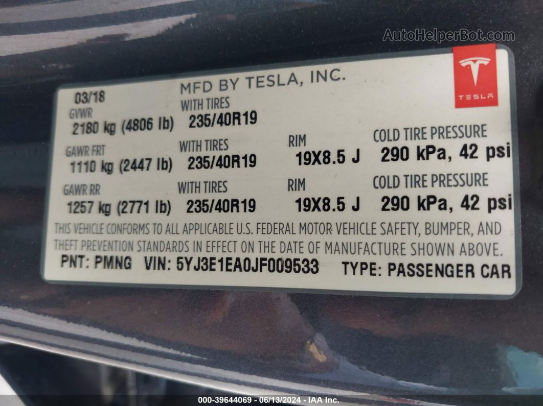 2018 Tesla Model 3 Long Range/mid Range Gray vin: 5YJ3E1EA0JF009533