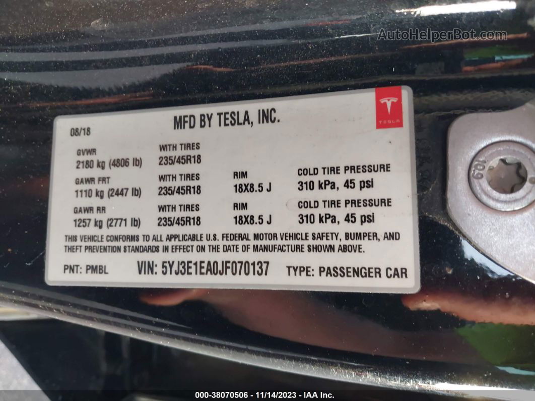 2018 Tesla Model 3 Long Range/mid Range Black vin: 5YJ3E1EA0JF070137