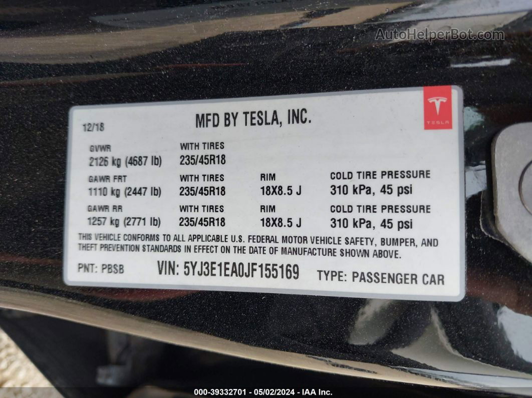 2018 Tesla Model 3 Long Range/mid Range Черный vin: 5YJ3E1EA0JF155169