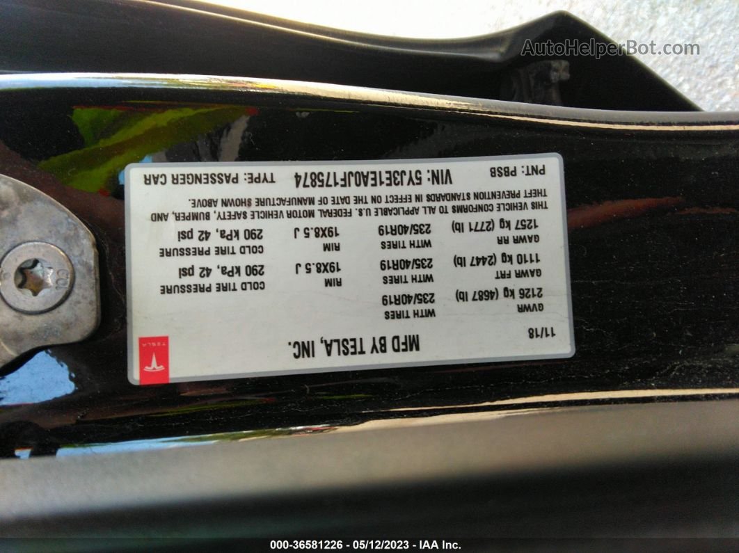 2018 Tesla Model 3 Range Battery Black vin: 5YJ3E1EA0JF175874