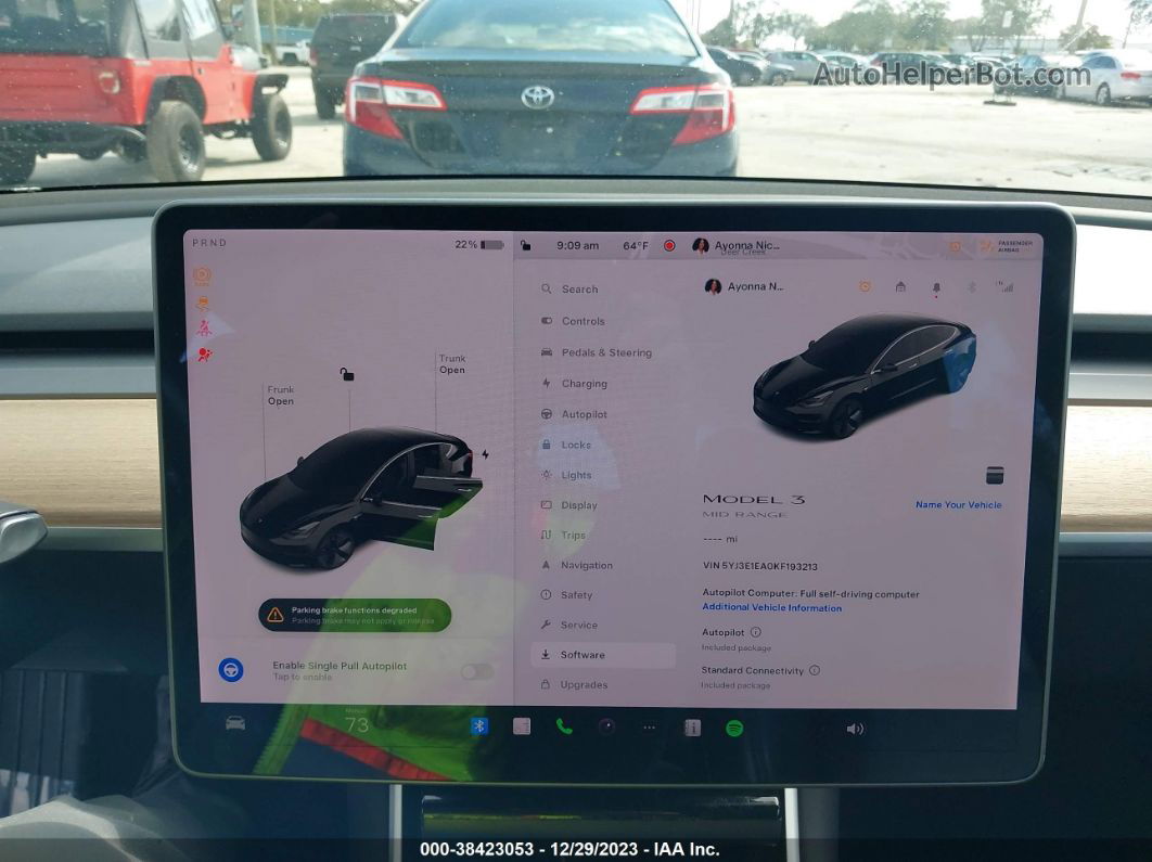 2019 Tesla Model 3 Long Range/mid Range/standard Range/standard Range Plus Черный vin: 5YJ3E1EA0KF193213