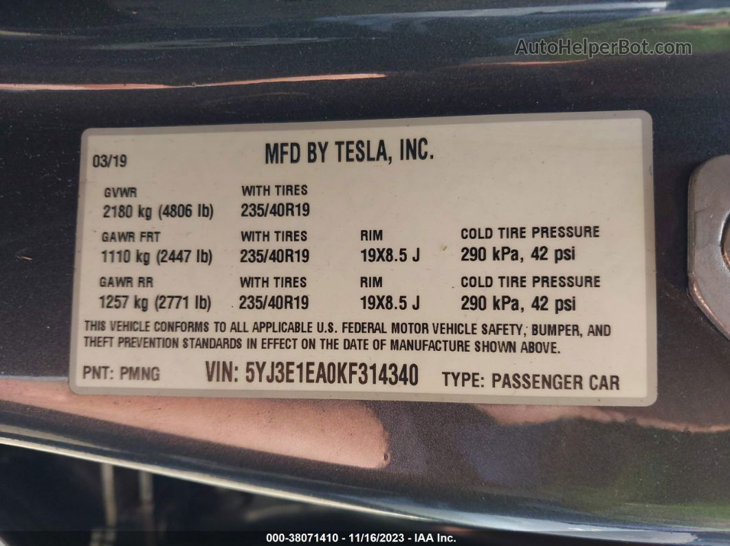 2019 Tesla Model 3 Standard Range/standard Range Plus/long Range/mid Range Gray vin: 5YJ3E1EA0KF314340