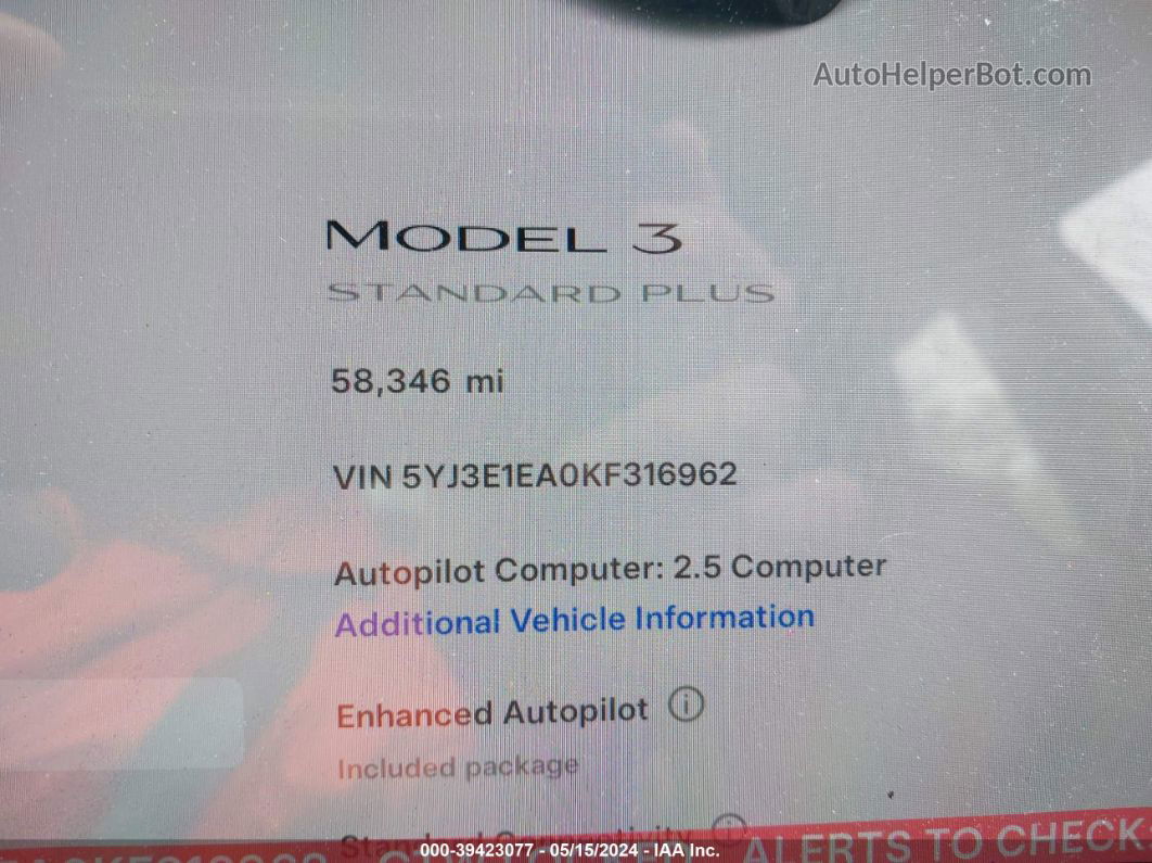 2019 Tesla Model 3 Long Range/mid Range/standard Range/standard Range Plus Black vin: 5YJ3E1EA0KF316962