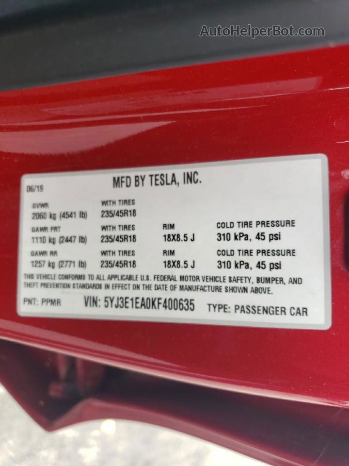 2019 Tesla Model 3  Red vin: 5YJ3E1EA0KF400635