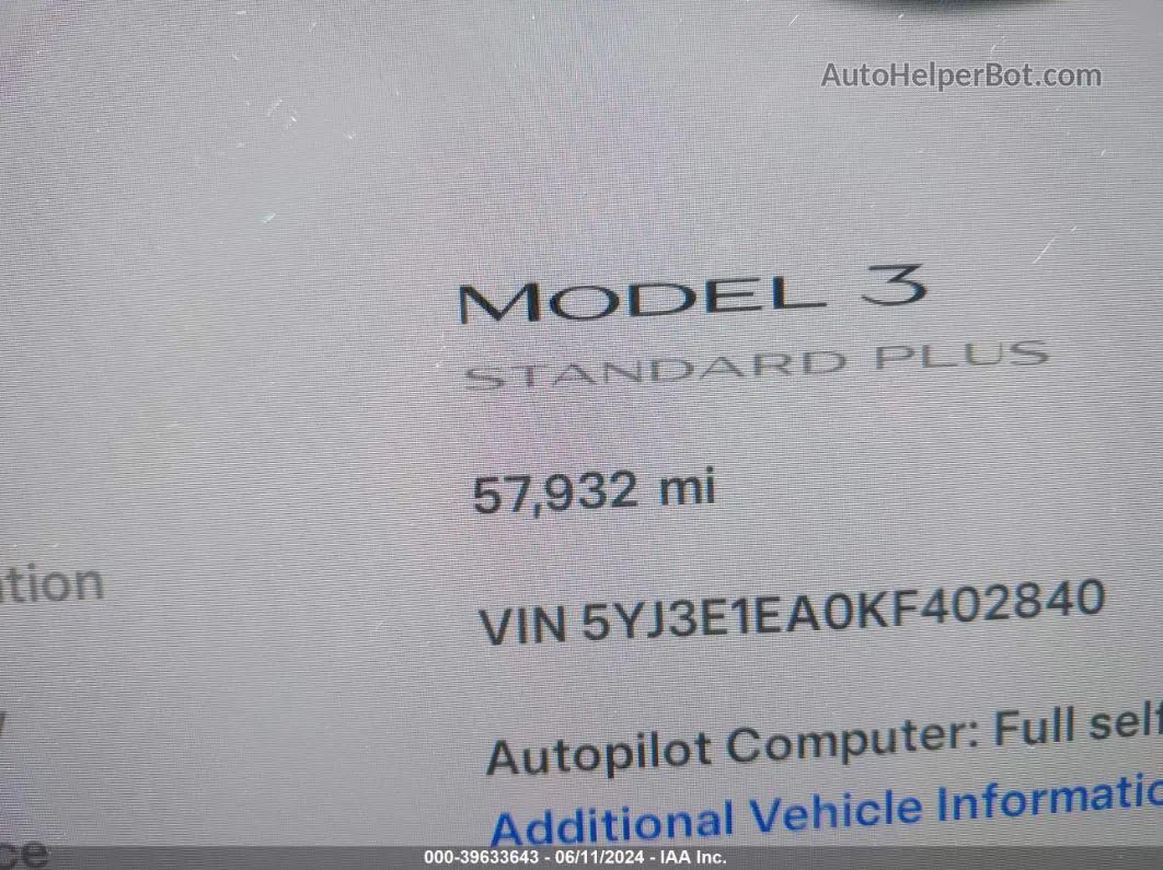 2019 Tesla Model 3 Long Range/mid Range/standard Range/standard Range Plus Blue vin: 5YJ3E1EA0KF402840