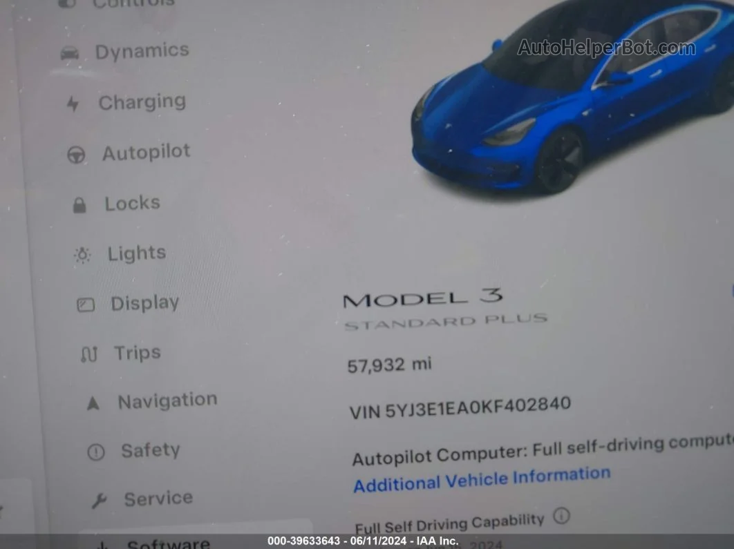 2019 Tesla Model 3 Long Range/mid Range/standard Range/standard Range Plus Blue vin: 5YJ3E1EA0KF402840